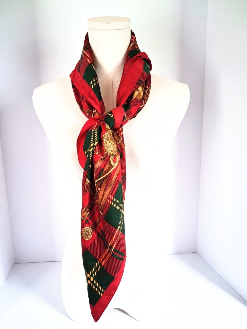 80's Vintage Red Tartan Plaid Gold Equestrian Large Square Scarf 33"x33"